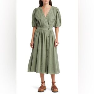 TREASURE & BOND Puff Sleeve Cotton Wrap Dress In Green Dune